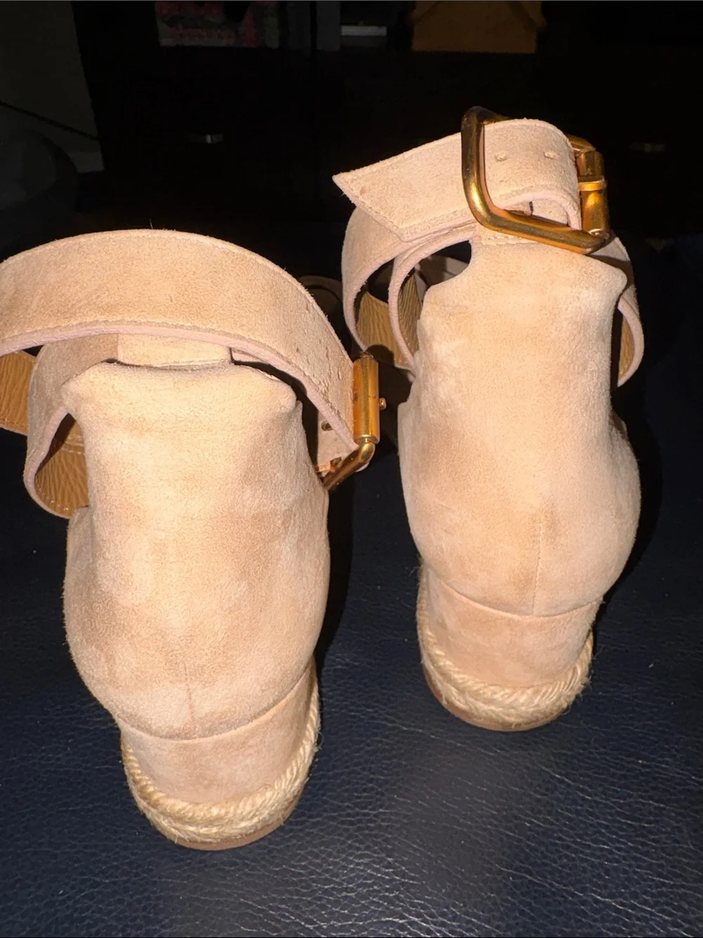 Chloe Beige Suede Scalloped Trim Lauren Ankle Wrap Flatform Espadrille Sandals
